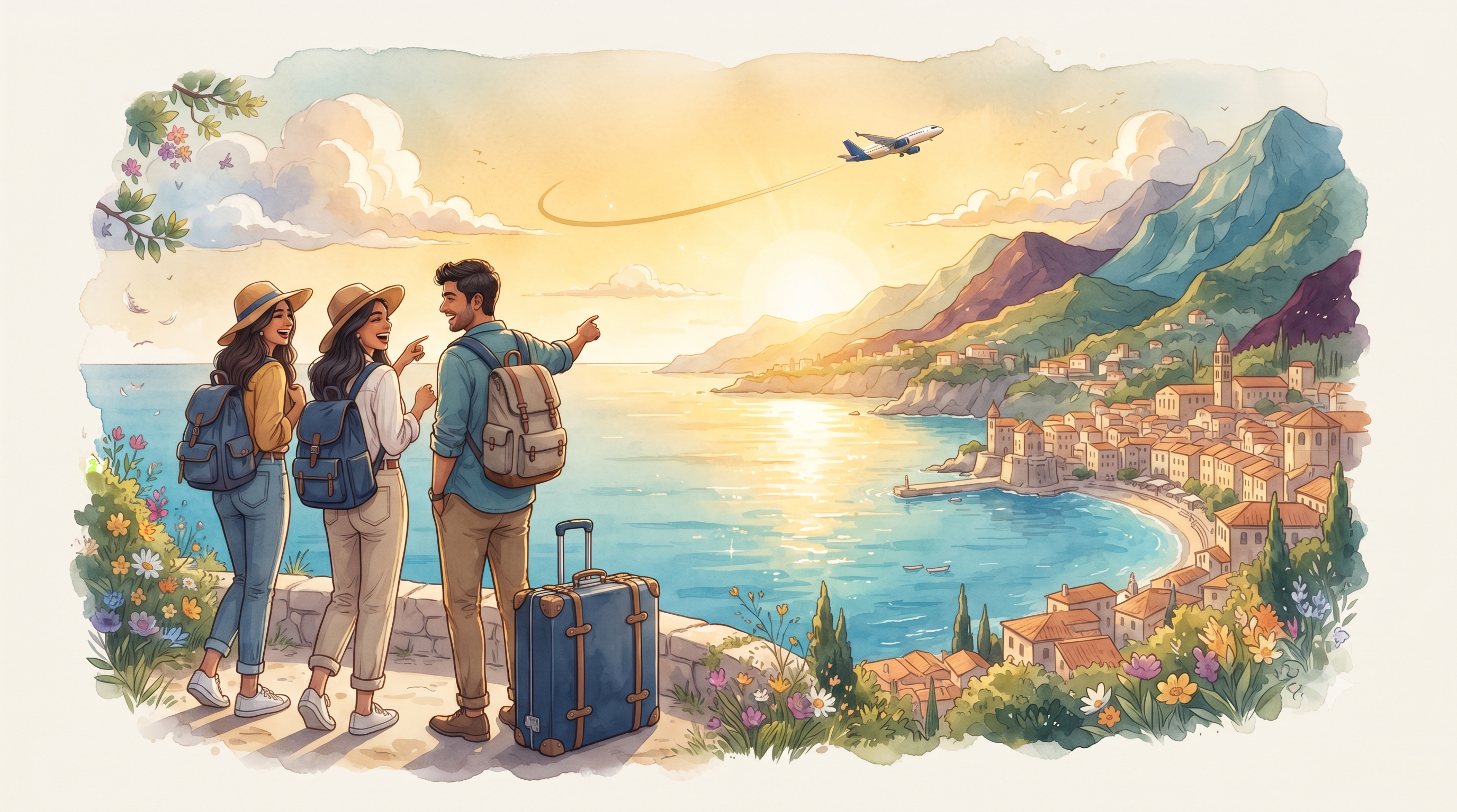 Begin Your Adventure — Traveler & Flight Over Scenic Landscape